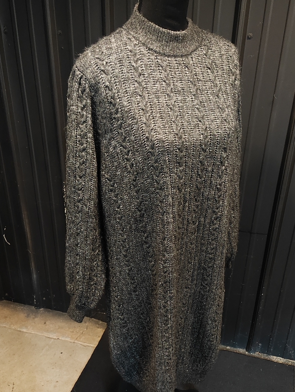 Classic Grey Cable-Knit Turtleneck Sweater Dress